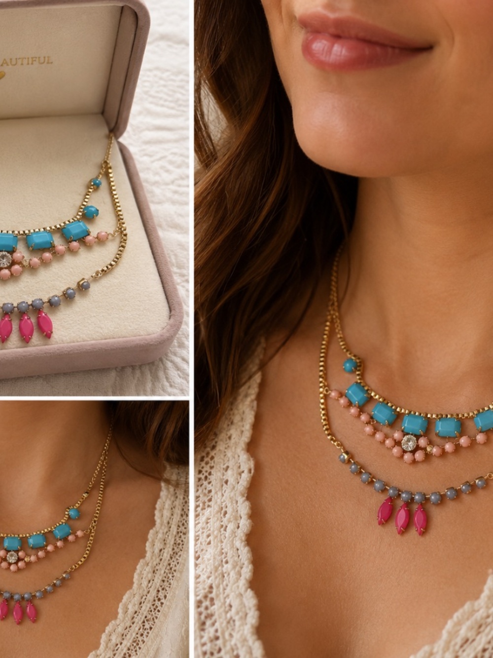 Beautiful Lauren Conrad Multi-Strand, Colorful Gold Tone Necklace
